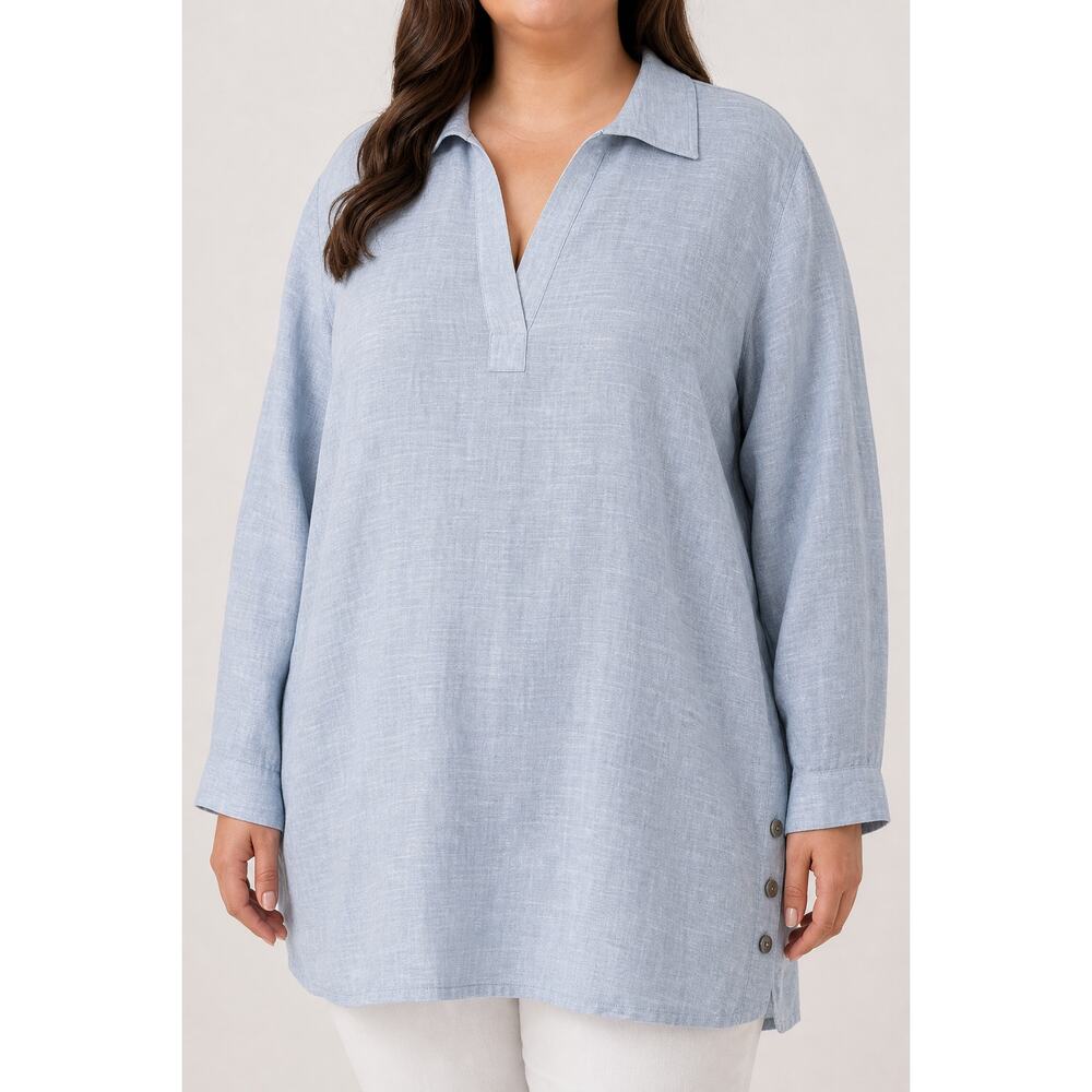 Tahari Linen Popover Tunic Top Womens 3X Blue Gray Long Sleeve